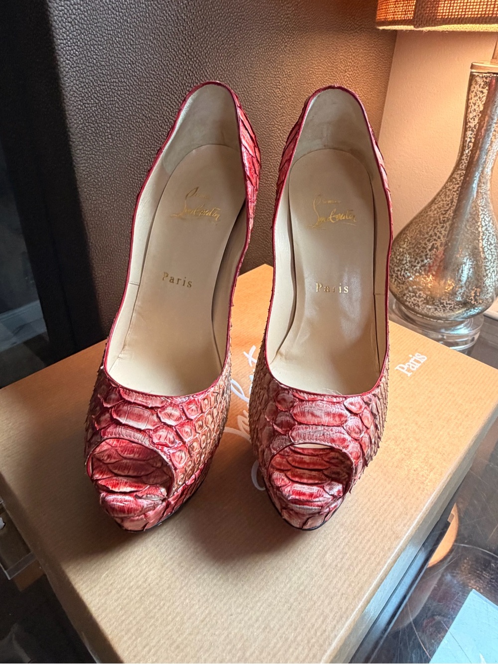 Christian Louboutin Red Python Peep Toe Pumps